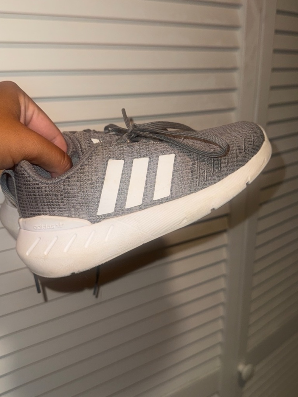 adidas Kids Gray Knit Sneakers with White Stripes